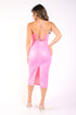 Pink matte PU strap midi dress with open back, stylish for club and party wear by Puce Juniper.