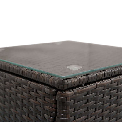 Lilac Milo home garden coffee table with rattan sofa set, featuring a stylish outdoor furniture arrangement on a patio.