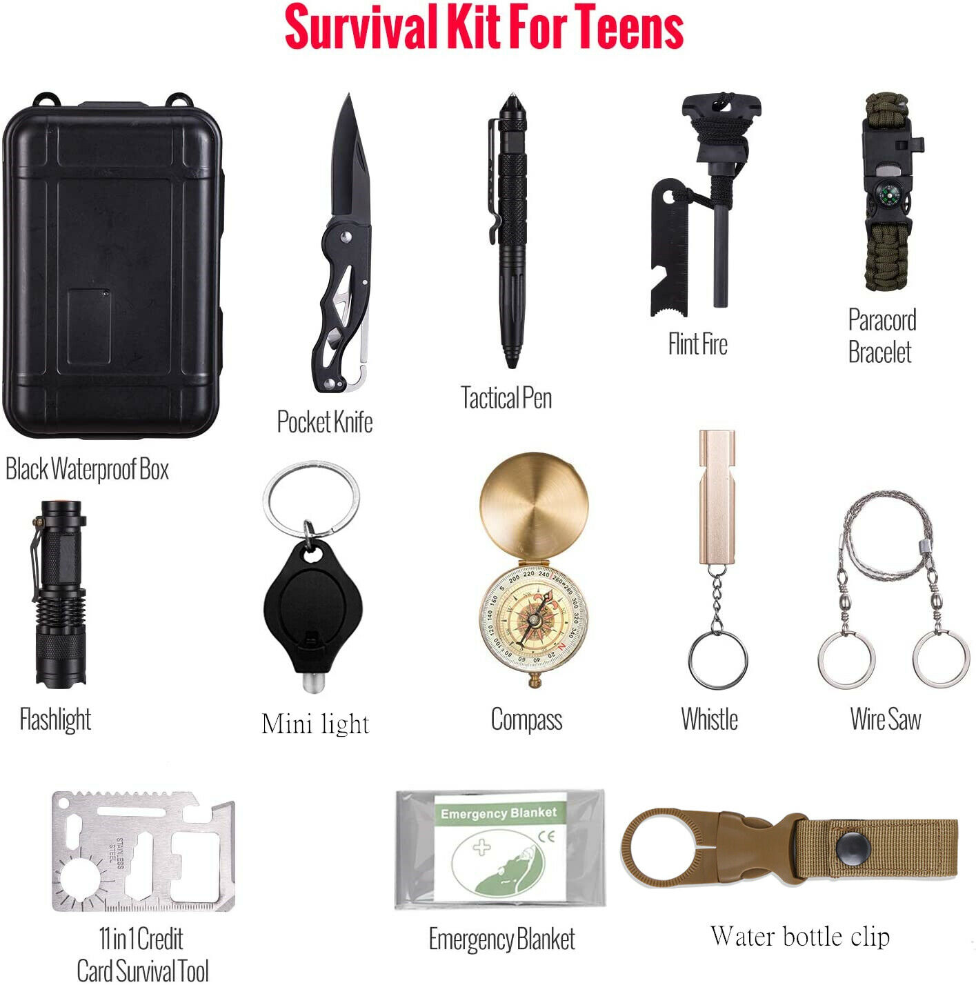 14-in-1 outdoor emergency survival gear kit from Lilac Milo with camping tactical tools, displayed on a white background.