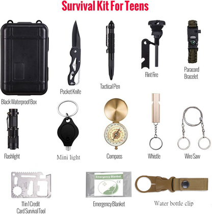 14-in-1 outdoor emergency survival gear kit from Lilac Milo with camping tactical tools, displayed on a white background.