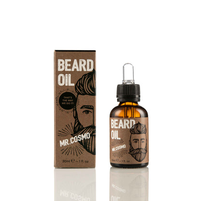 Taupe Perses Mr. Cosmo Beard Oil bottle with 30ml of haircare product for beard nourishment and grooming.