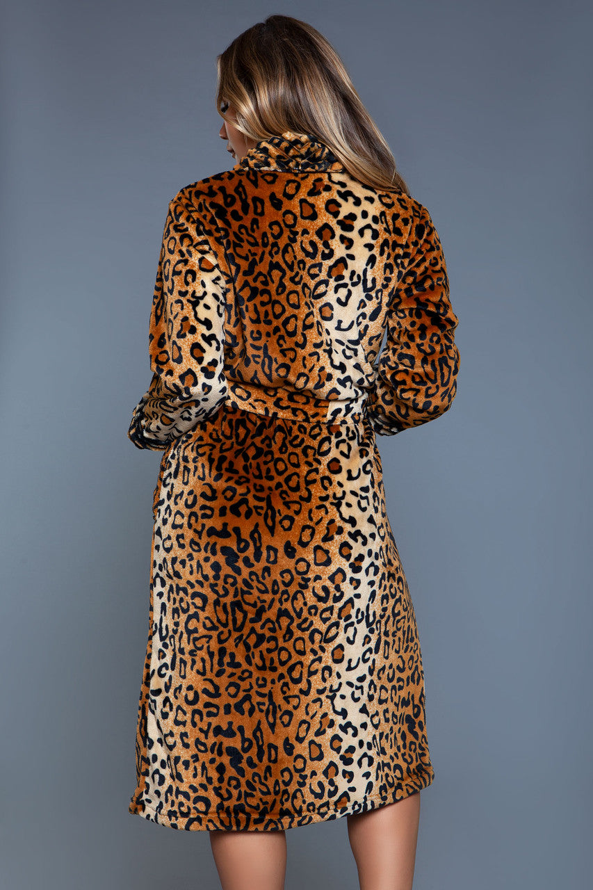 Magenta Caeneus leopard sleepwear robe featuring soft fabric and leopard print design, displayed on a hanger.