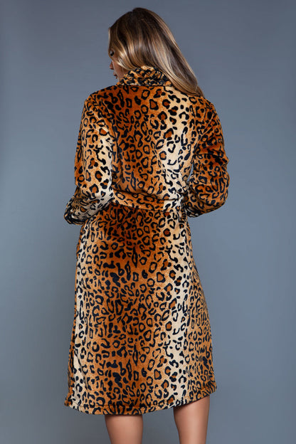 Magenta Caeneus leopard sleepwear robe featuring soft fabric and leopard print design, displayed on a hanger.