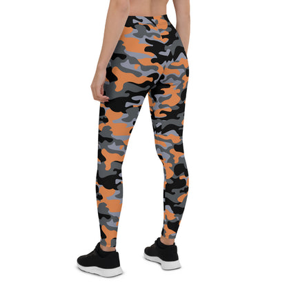 Orange and gray camo leggings for women, activewear by Maroon Sooty featuring a stylish camouflage pattern and comfortable fit.