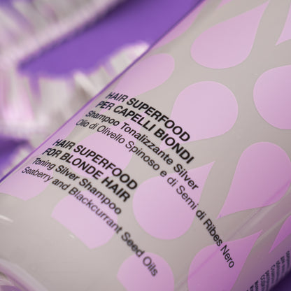 Pink Misty Contempora Hair Superfood Toning Silver Shampoo in 500ml bottle, showing the purple-tinted shampoo for blonde and gray hair.