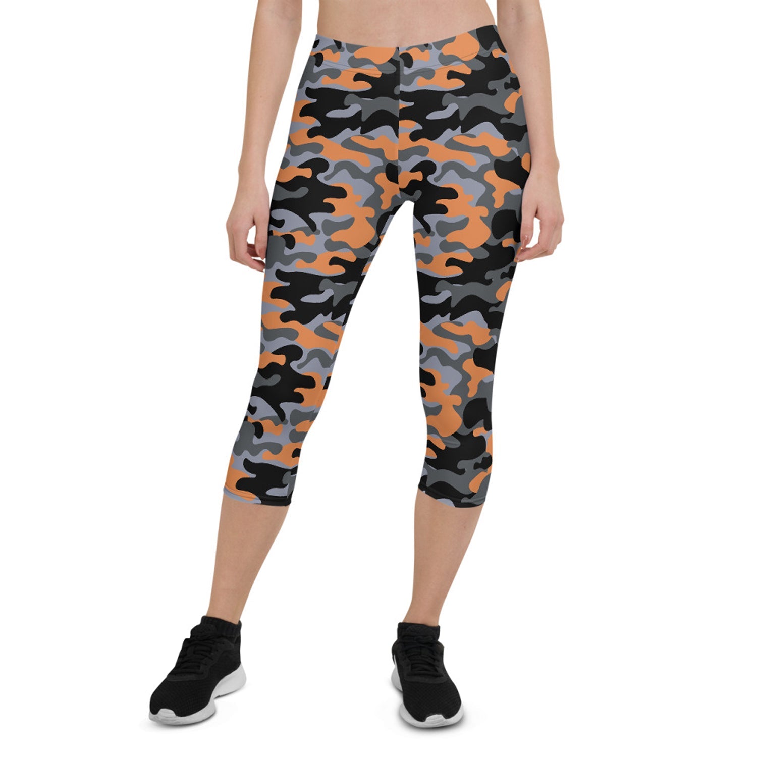 Orange and gray camo capri leggings for women by Harlequin Icarus, featuring a stylish camouflage pattern and comfortable fit.