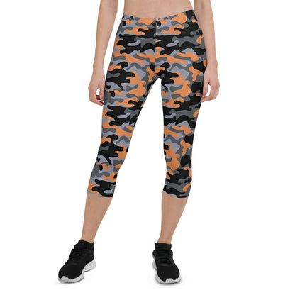 Orange and gray camo capri leggings for women by Harlequin Icarus, featuring a stylish camouflage pattern and comfortable fit.