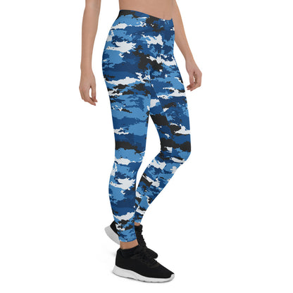 Maroon Sooty blue camo sports leggings featuring a fitted stretch design and bold camo pattern on lightweight athletic fabric.