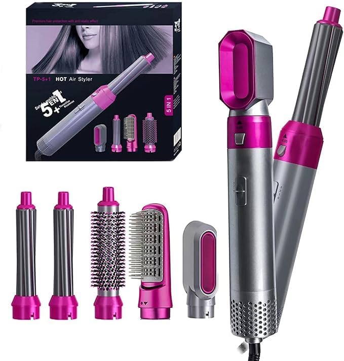 Coffee Caeneus 5-in-1 multifunctional hot hair brush with drying, curling, and styling features, shown in use.