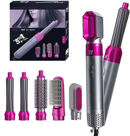 Coffee Caeneus 5-in-1 multifunctional hot hair brush with drying, curling, and styling features, shown in use.