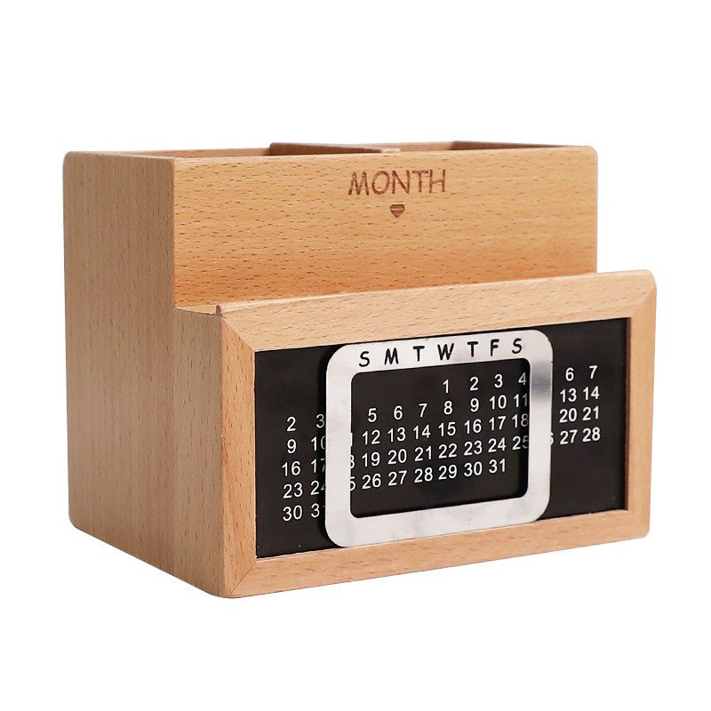 Fuchsia Molly desktop calendar storage box for home and garden, made of wood with compartments for organizing calendars and supplies.