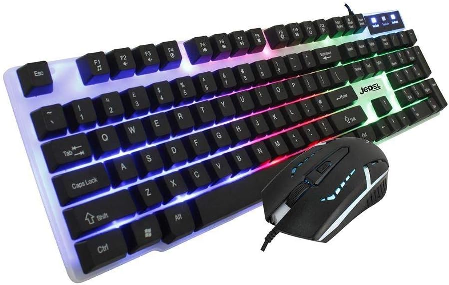 Scarlet Ares Jedel GK100 white gaming keyboard and mouse bundle with sleek design and backlit keys, ideal for gaming setups.