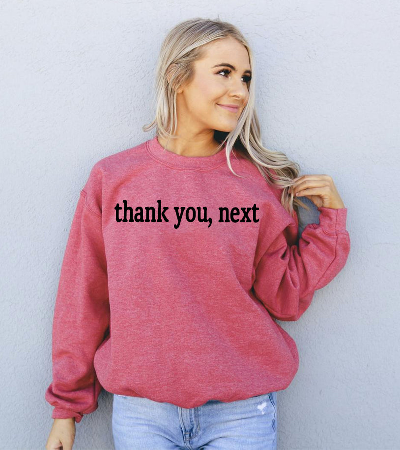 Agate Thank You Next sweatshirt featuring a cozy sweater with printed text, casual fit, ideal for everyday wear.