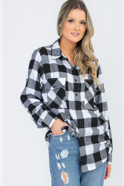 Lime Milo oversized boyfriend plaid checkered flannel top, casual long-sleeve blouse with a relaxed fit and classic checkered pattern.