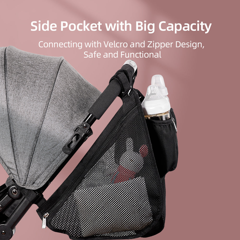 Maroon Chronos universal stroller organizer with multiple pockets attached to a stroller handle for convenient storage.