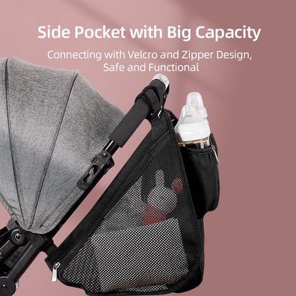 Maroon Chronos universal stroller organizer with multiple pockets attached to a stroller handle for convenient storage.