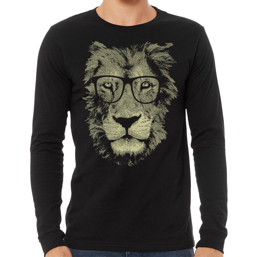 Indigo Tiger lion long sleeve T-shirt featuring a lion wearing glasses, casual and stylish apparel for animal lovers.