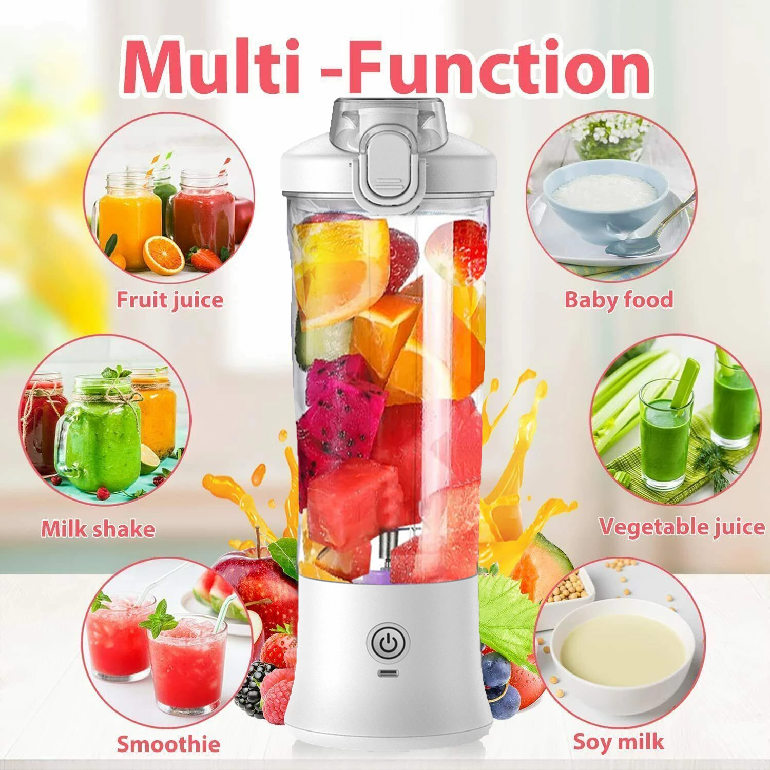 Lilac Milo 600ML waterproof electric juicer and fruit mixer bottle, compact blender with lid and blending blades visible inside.