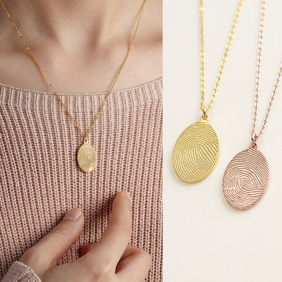 Green Millie fingerprint necklace featuring a memorial thumbprint pendant, showcasing detailed fingerprint engraving on a silver chain.