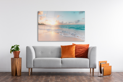 White Felix glass wall art featuring ocean sea and waves design, 18x28 inches home decor piece with vibrant aquatic imagery.