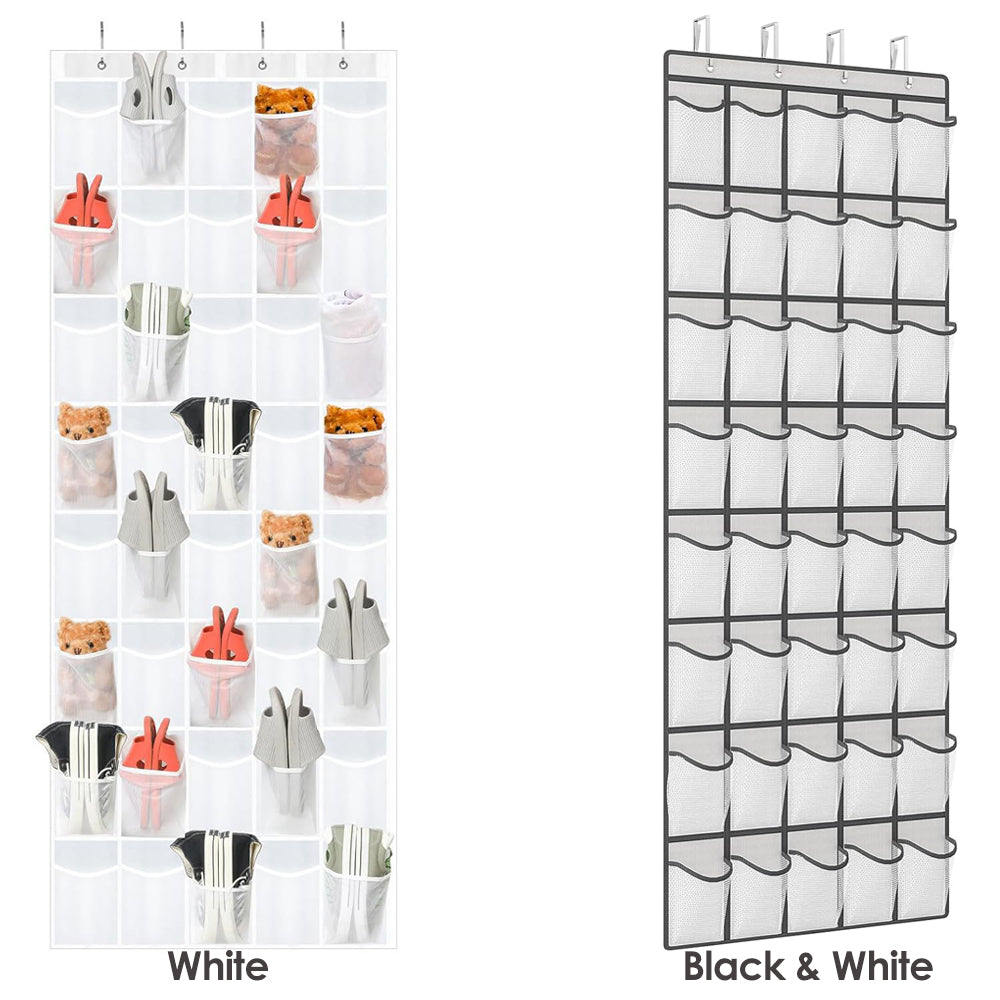 Turquoise Pandion over door shoe organizer with 40 clear fabric pockets for closet storage and organization.