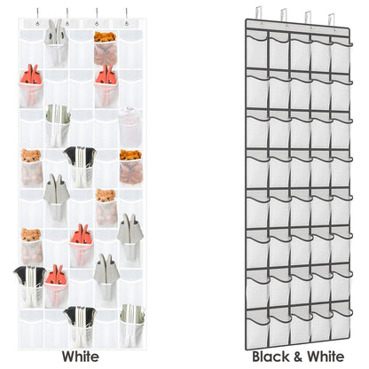 Turquoise Pandion over door shoe organizer with 40 clear fabric pockets for closet storage and organization.