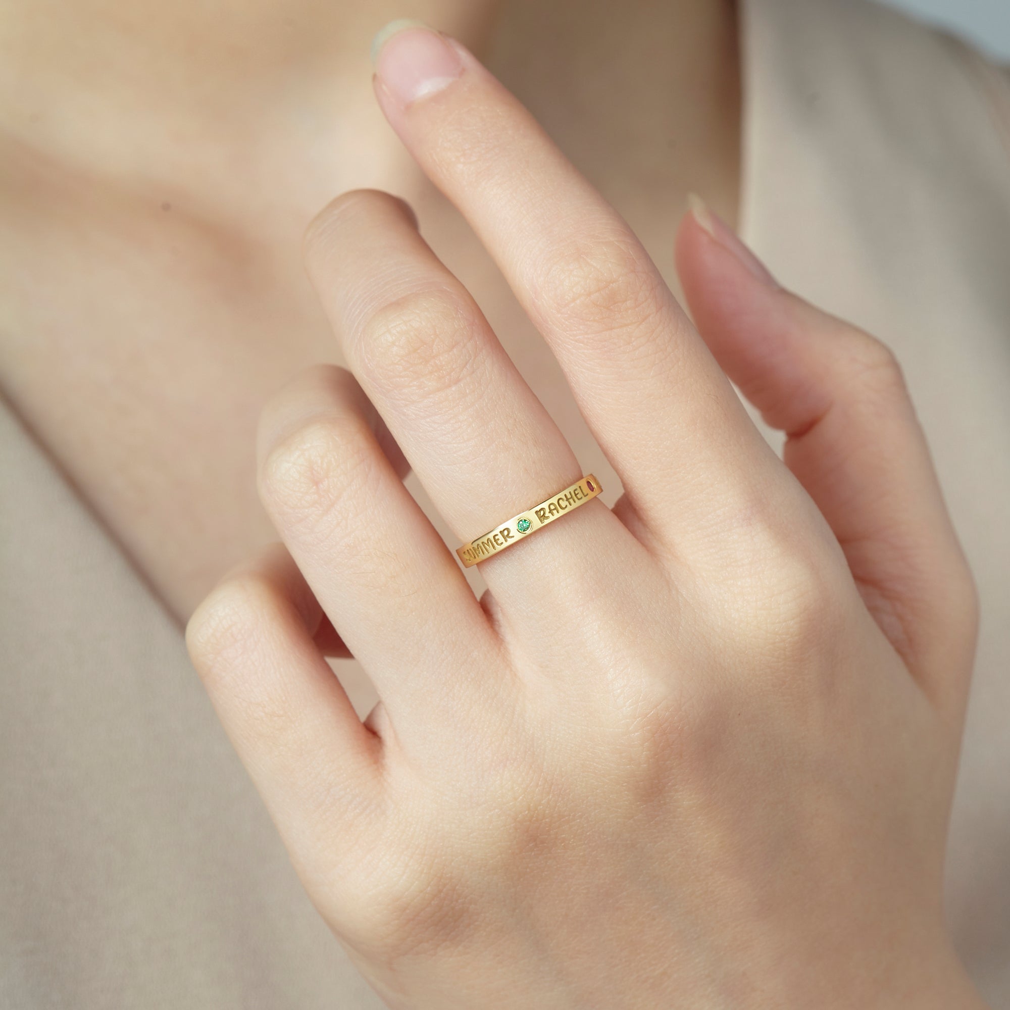 Green Millie personalized mom ring with engraved kids&