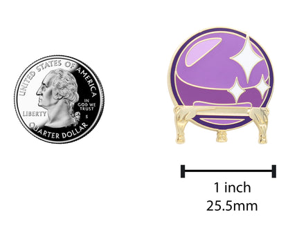 Fuchsia Thrace crystal ball enamel pin featuring occult and kawaii design, detailed with vibrant colors and shiny enamel finish.