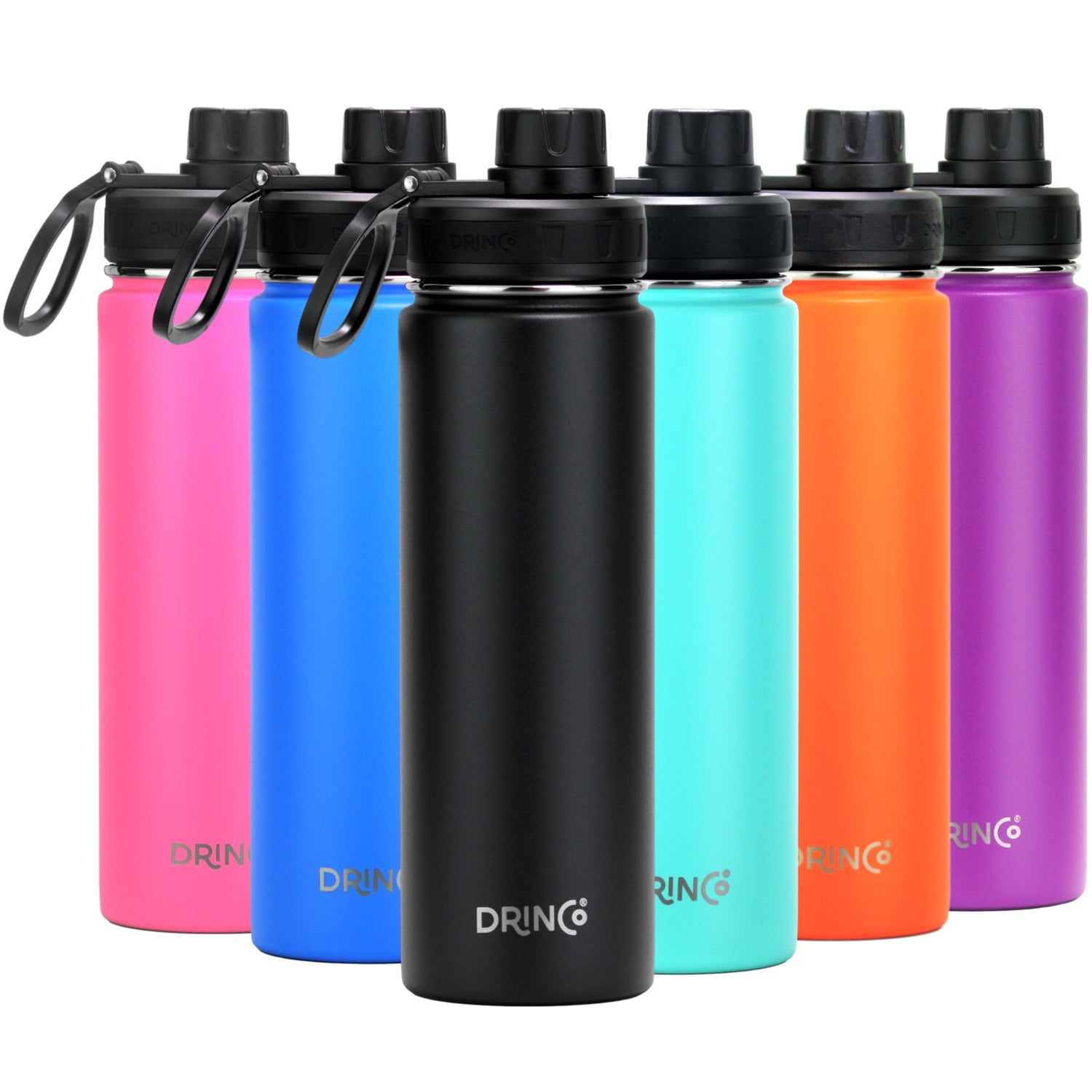 Black DRINCO® 22oz stainless steel sport water bottle by Orchid Lavender with a sleek, durable design for active hydration.
