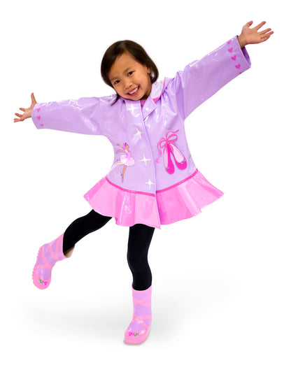 Kids ballerina rainwear set by Magenta Ash featuring a colorful rain jacket and matching rain pants for children and babies.