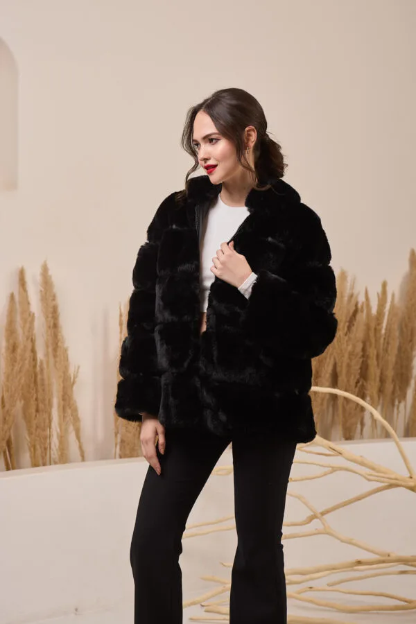 Black fur coat for women by Erin Max, showcasing a warm, plush winter outerwear with a luxurious fur texture.