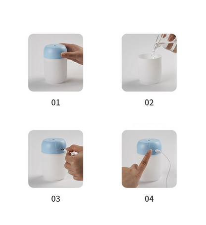 Mini portable ultrasonic air humidifier and essential oil diffuser by Lilac Milo, showing the compact device with mist and aroma ports.