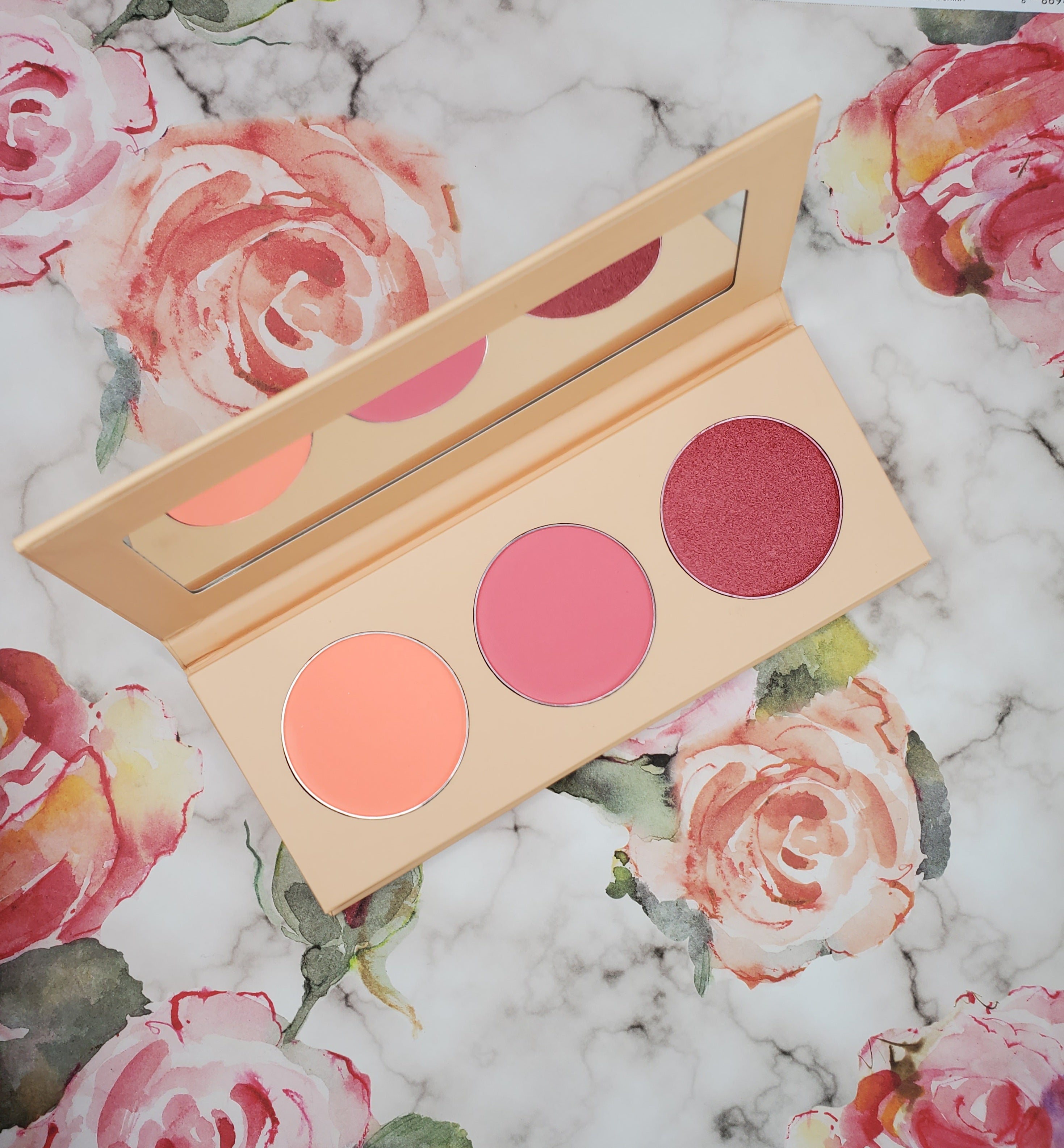 Sky Blue Lucy SG Three Shades Blush Palette 12 featuring a variety of blush shades in a sleek makeup palette.