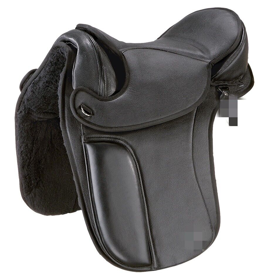 Mauve Aura treeless synthetic bareback horse saddle tack in size 15-18 inches, showing close-up of sleek, durable design on a horse.