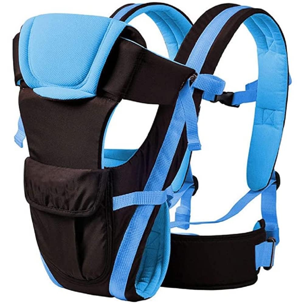 Gray Themis 4-in-1 adjustable baby sitting carrier bag in black and blue, featuring multiple carrying options for kids and babies.