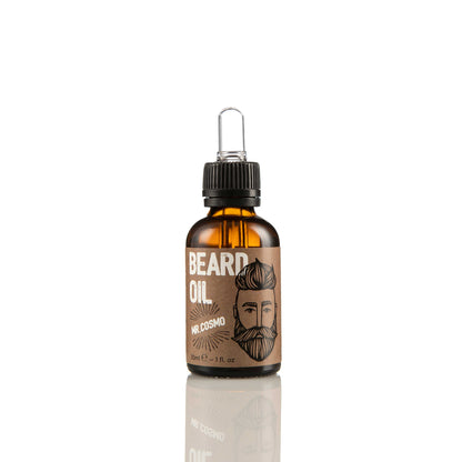 Taupe Perses Mr. Cosmo Beard Oil in a 30ml bottle, designed for beard hair care and grooming.