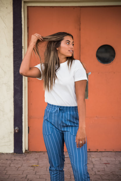 Lavender Danae DT Alyssa Rib Knit Split Hem Tee in white, featuring a ribbed fabric and stylish split hem detail.