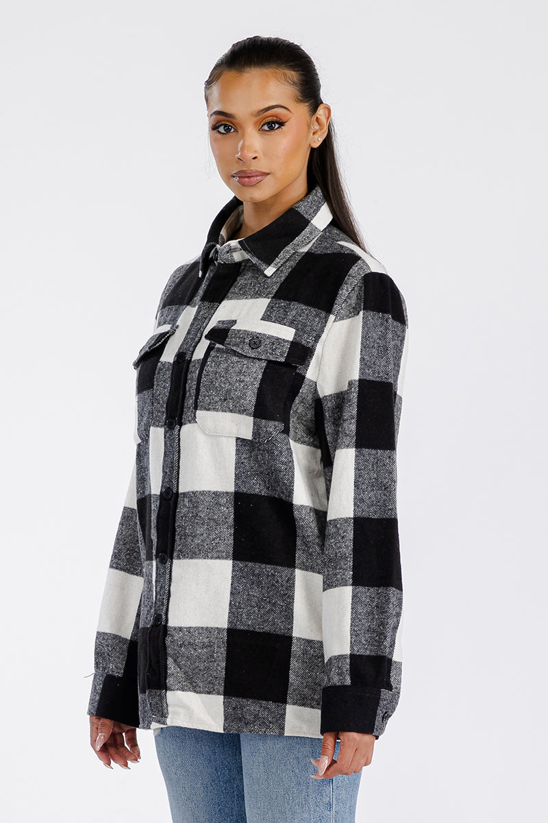 Lime Milo Boyfriend Oversized Soft Flannel Shacket in a cozy, plaid design, perfect for layering in jackets and coats collection.