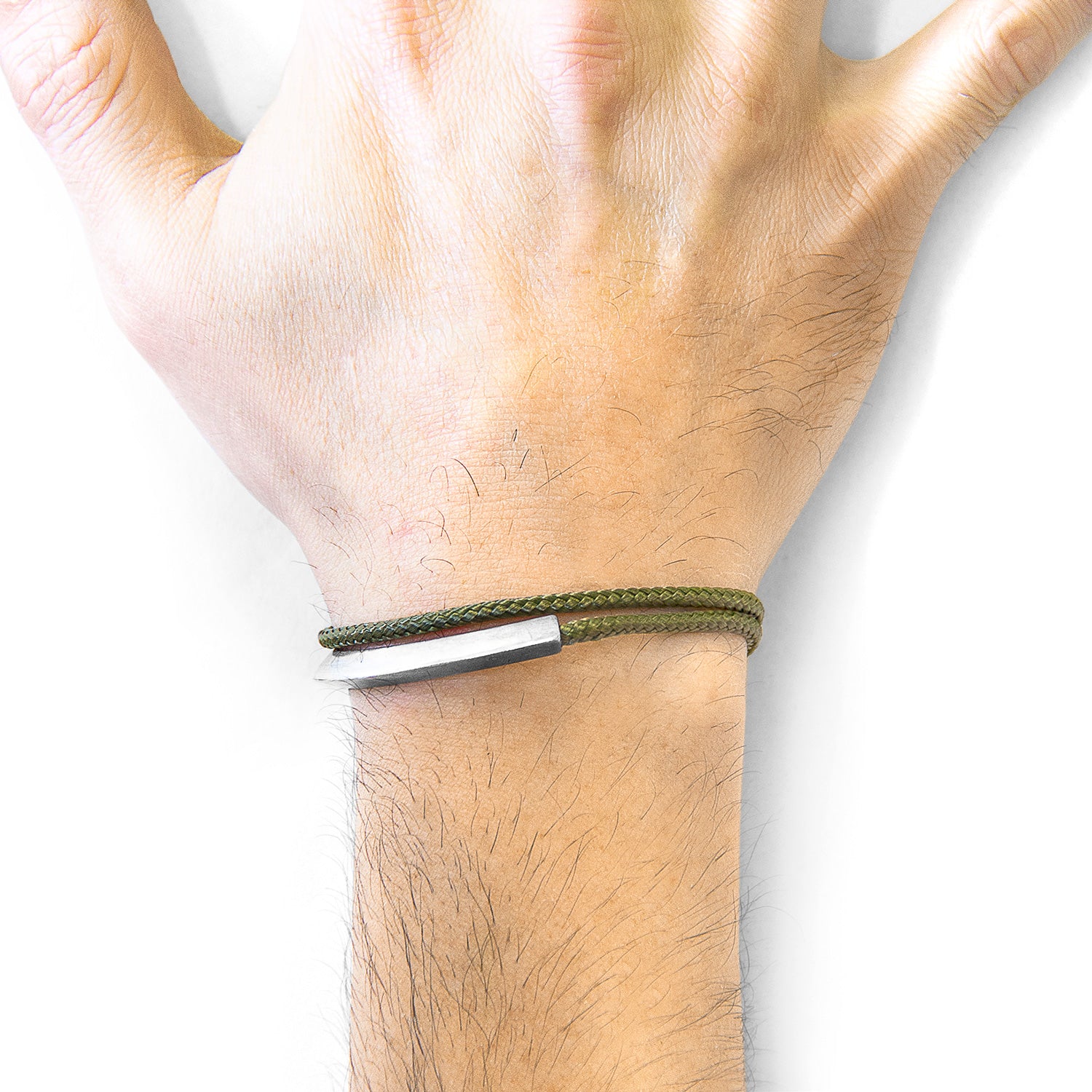Khaki green Hove silver and rope bracelet by Magenta Sooty featuring a stylish mixed-metal design and adjustable rope strap.