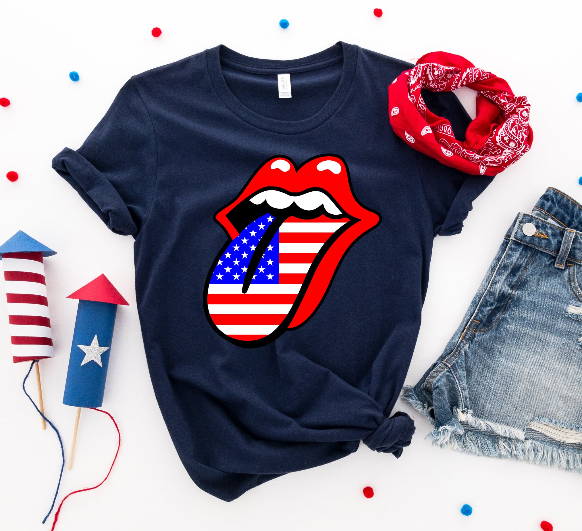 USA Lips 4th of July T-shirt by Agate, featuring patriotic lips graphic, casual fit, perfect for Independence Day celebrations.
