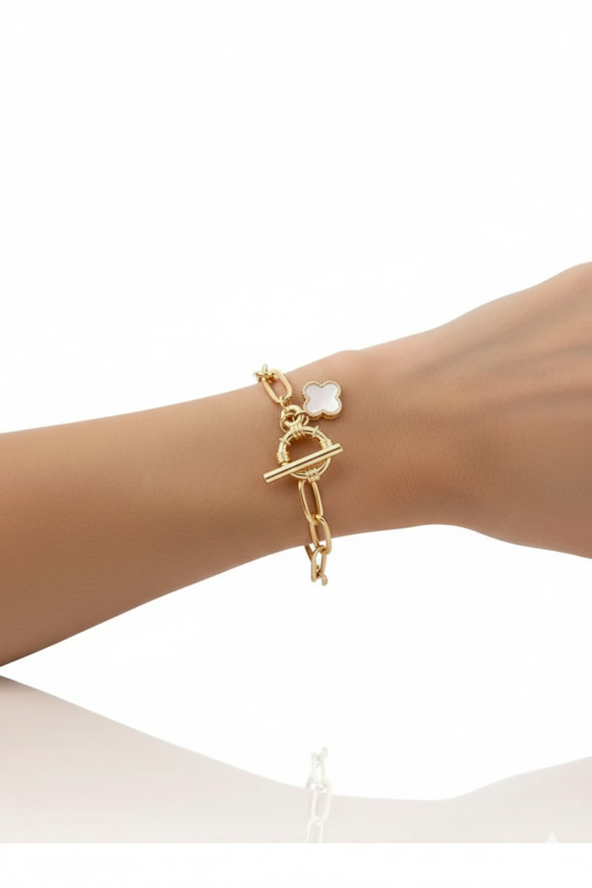 Layered mother of pearl clover bracelet by Ochre Juniper featuring minimalist elegant jewelry design.