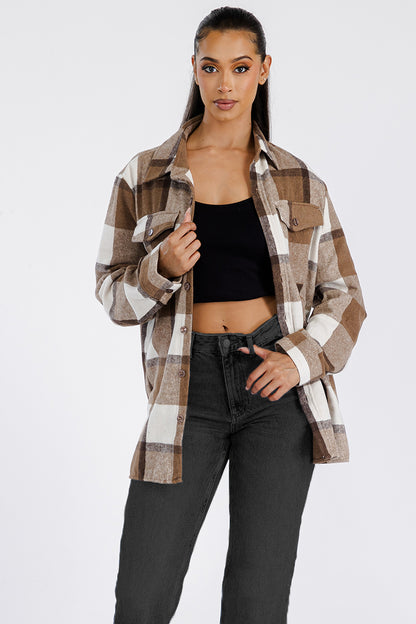 Lime Milo Boyfriend oversized soft flannel shacket, cozy jacket with button closure and plaid pattern, front pockets, casual style.
