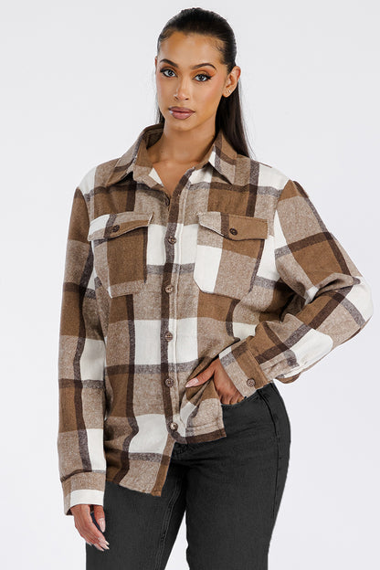 Lime Milo boyfriend oversized soft flannel shacket featuring a relaxed fit, button closure, and classic plaid pattern.