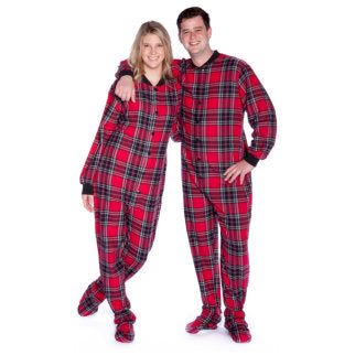 Red and black plaid adult footed onesie pajamas by Silver Chronos, suitable for men and women, featuring cozy, full-body coverage.