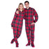 Red and black plaid adult footed onesie pajamas by Silver Chronos, suitable for men and women, featuring cozy, full-body coverage.
