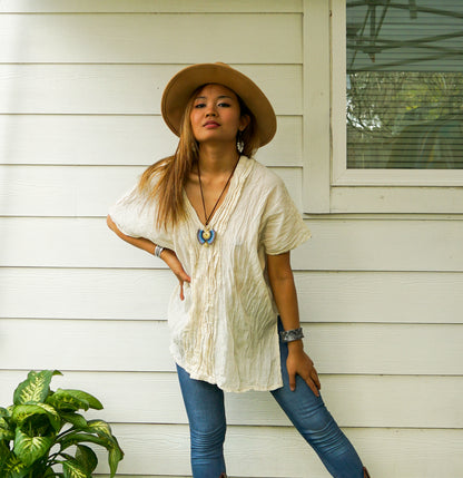 Tan Smokey raw crinkled cotton gauze blouse, a lightweight tops and blouses item with textured fabric and relaxed fit.
