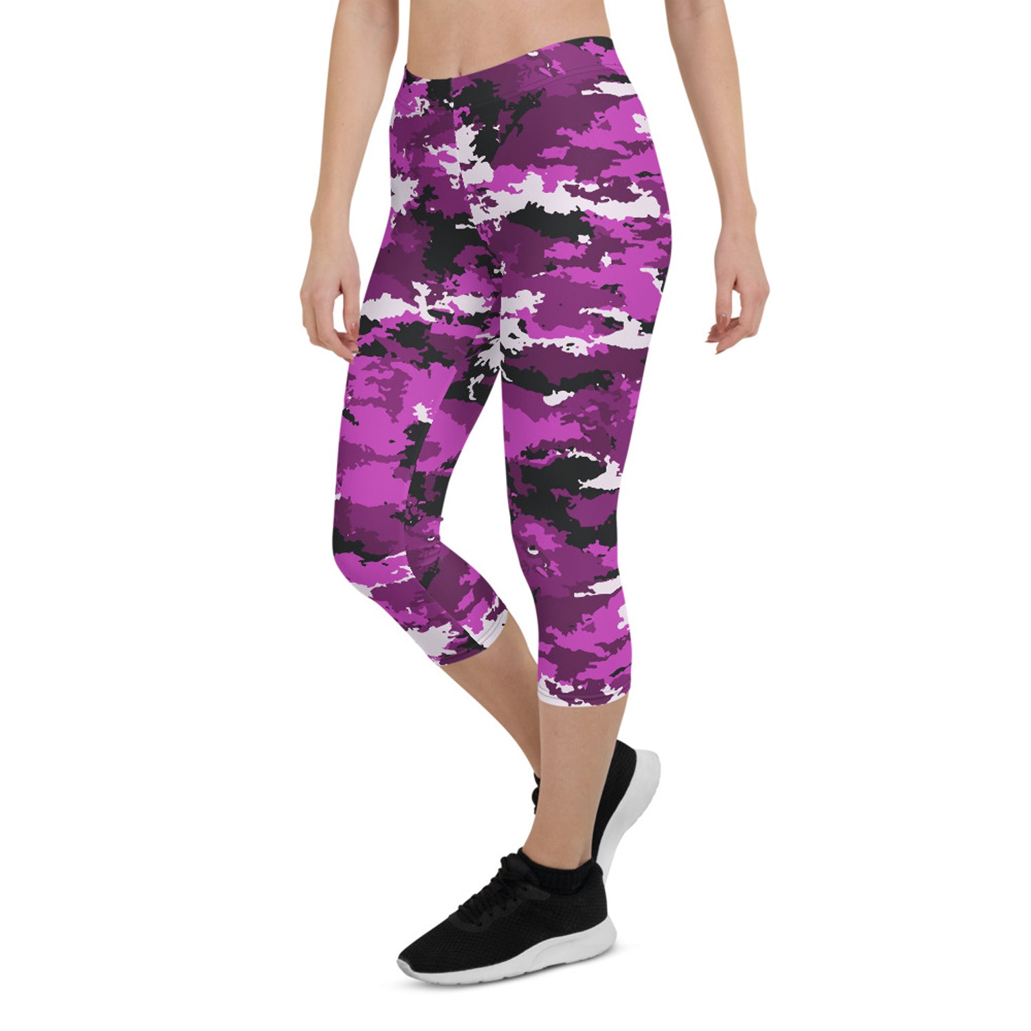 Pink and purple camo activewear Capri leggings by Maroon Sooty, featuring a stylish camouflage pattern and comfortable fit.