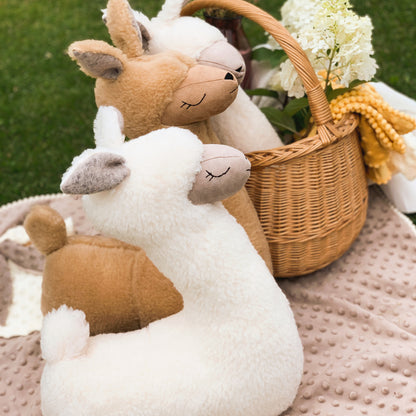 Rusty brown Ochre Ares alpaca soft toy pillow with a plush, cuddly appearance, perfect for children and decorative use