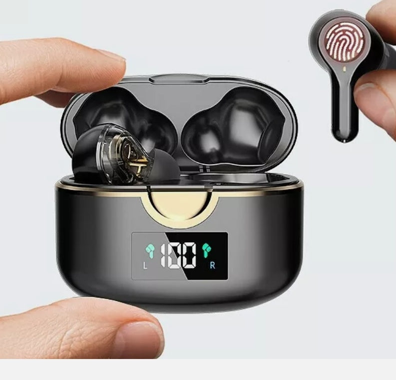 Yellow Pandora Ninja Dragon Power Bass Touch Bluetooth 5.0 T22PRO earbuds with in-ear design and touch controls for mobile and laptop use.