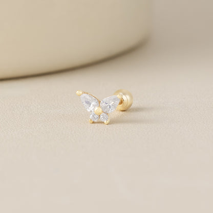 Blue Chrysippus 14K solid gold moth piercing earrings with intricate design, showcasing detailed craftsmanship and a polished finish.